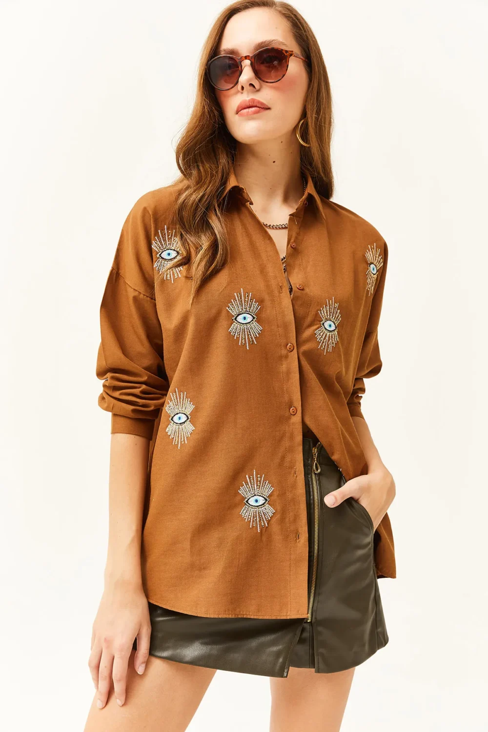 Women's Brown Sequin Detailed  Boyfriend Shirt - Image 5