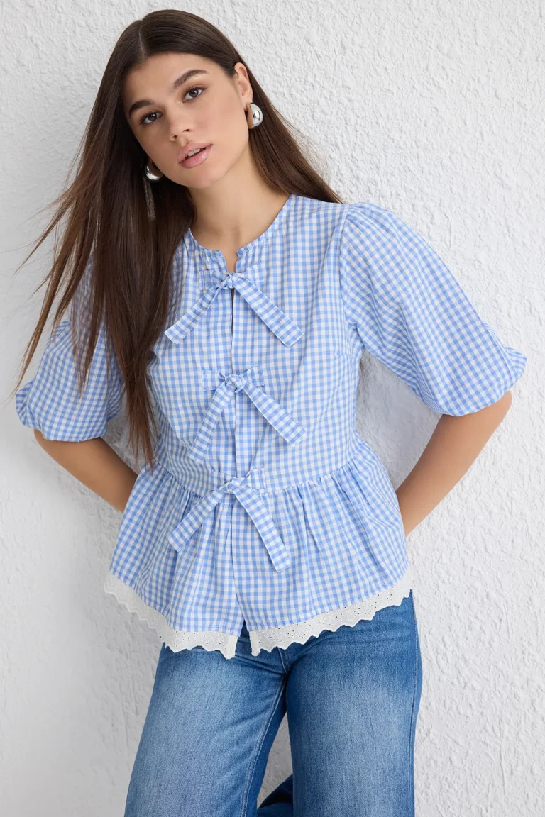 Blue Lace Hem and Front Tie Detailed  Shirt