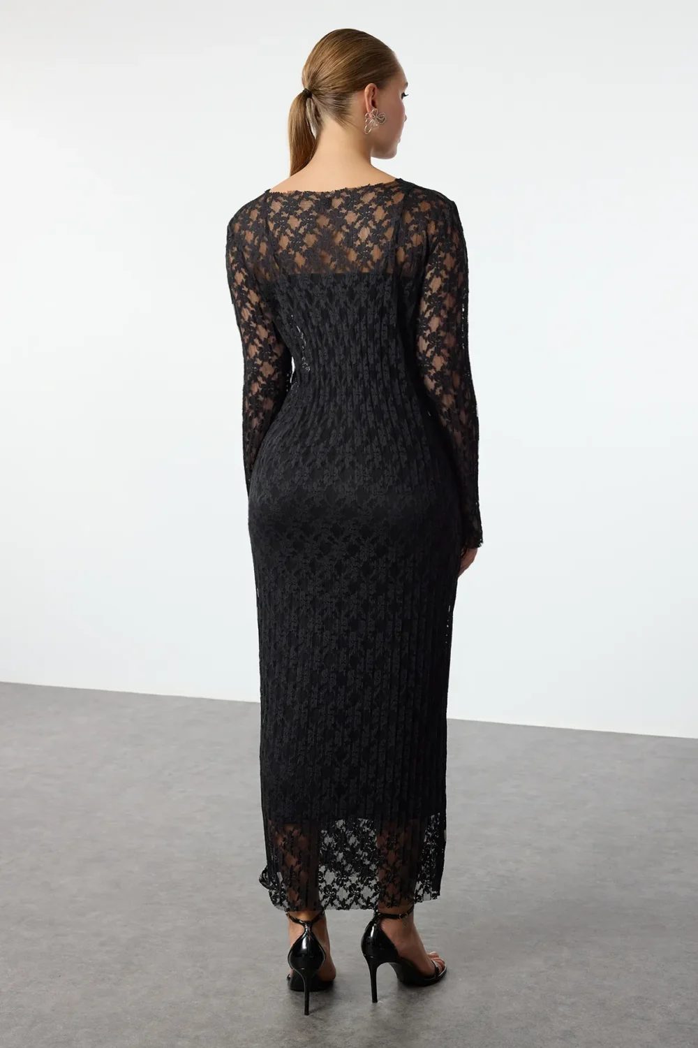 Black Bodycon Lace Chic Midi Evening Dress - Image 4
