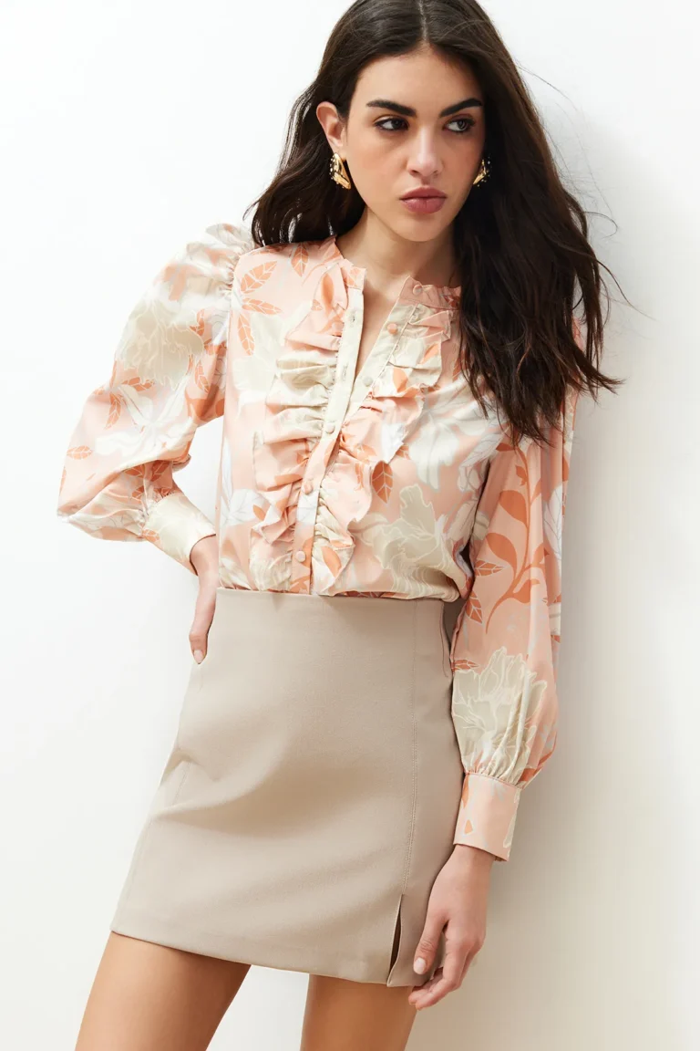 Orange Floral Patterned Ruffle Chiffon Fabric Regular Regular Pattern  Shirt