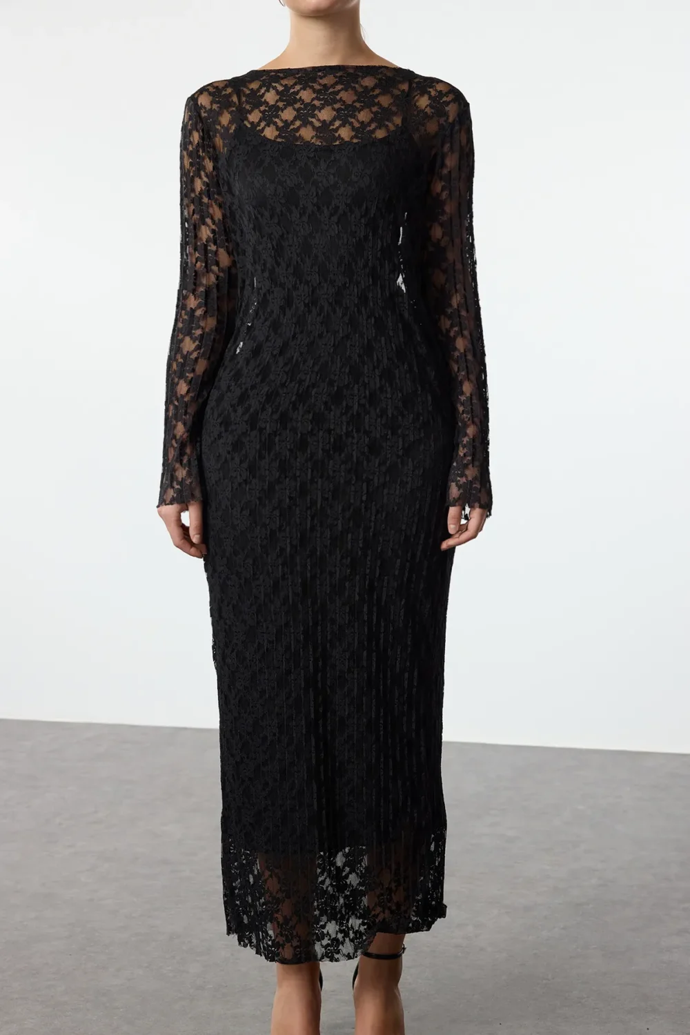 Black Bodycon Lace Chic Midi Evening Dress - Image 5