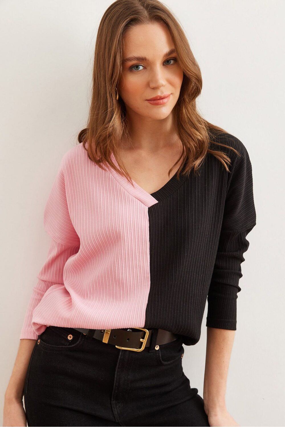 Women's Pink Black Color Block Blouse