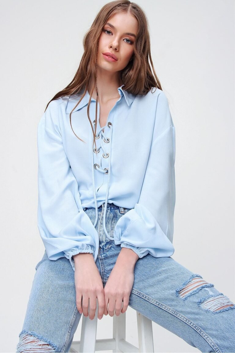 Women's Blue Balloon Sleeve Lace-Up Collar Oversize Blouse