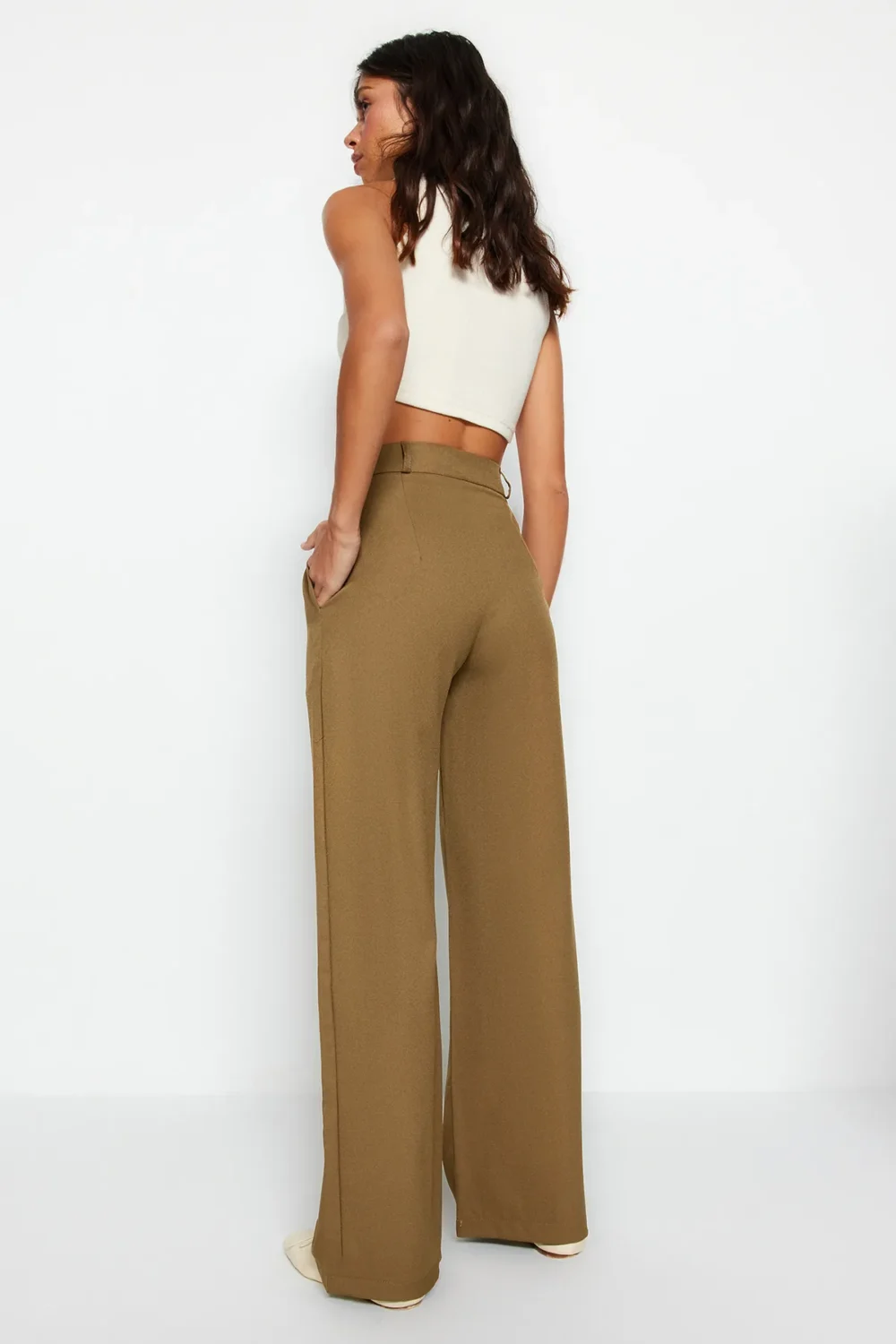 Khaki Wide Leg/Wide Leg Woven Fabric Trousers - Image 5
