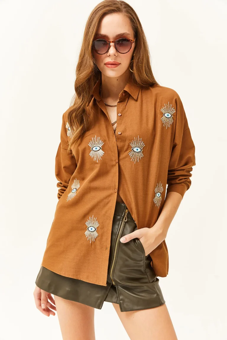 Women's Brown Sequin Detailed  Boyfriend Shirt