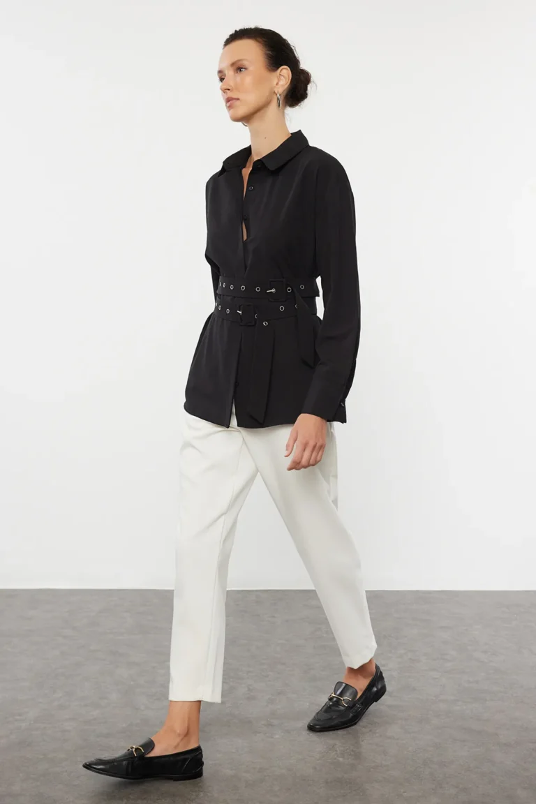 Black Waist Belt Detailed Oversize Wide Pattern  Shirt