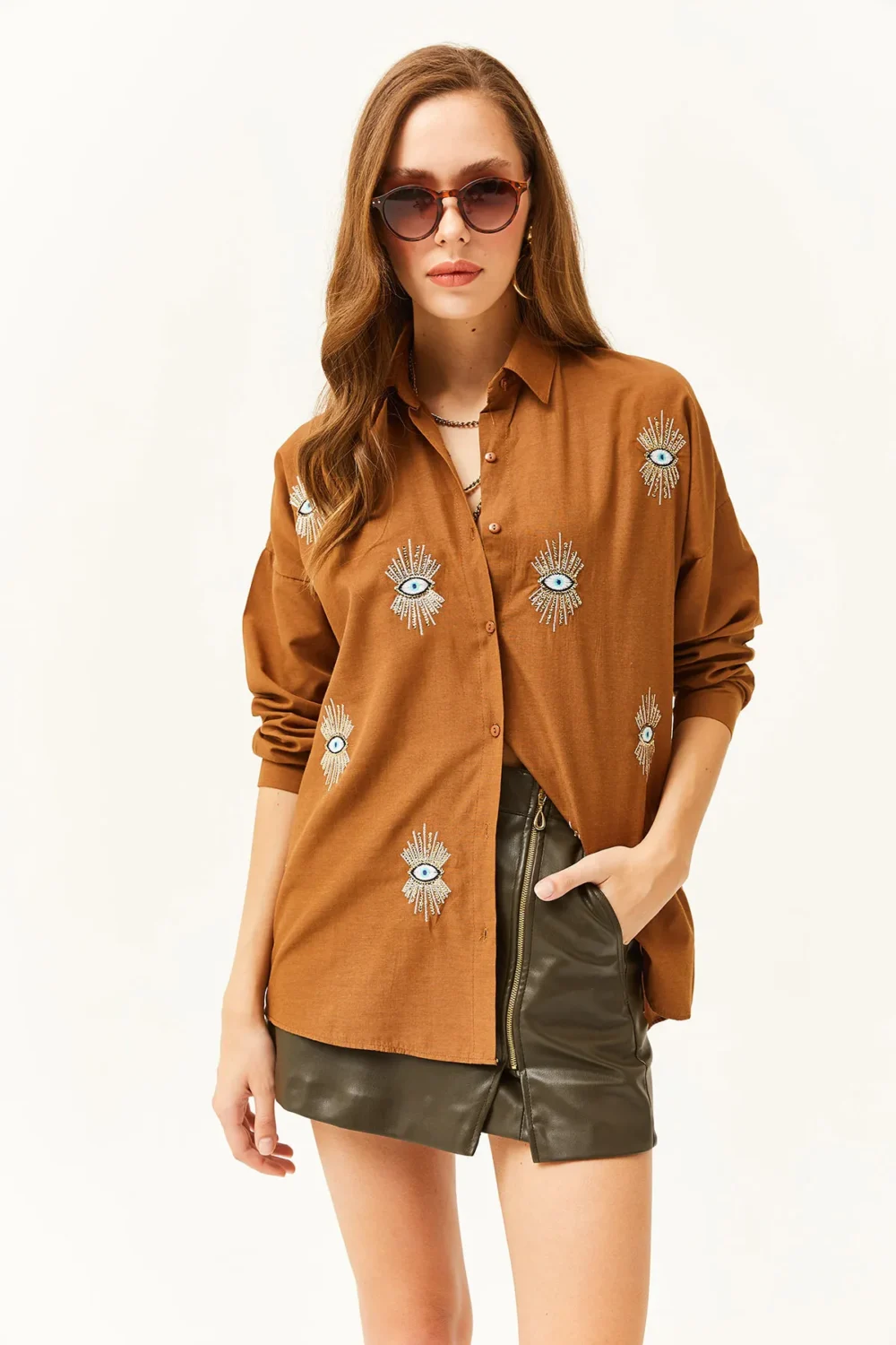 Women's Brown Sequin Detailed  Boyfriend Shirt - Image 3