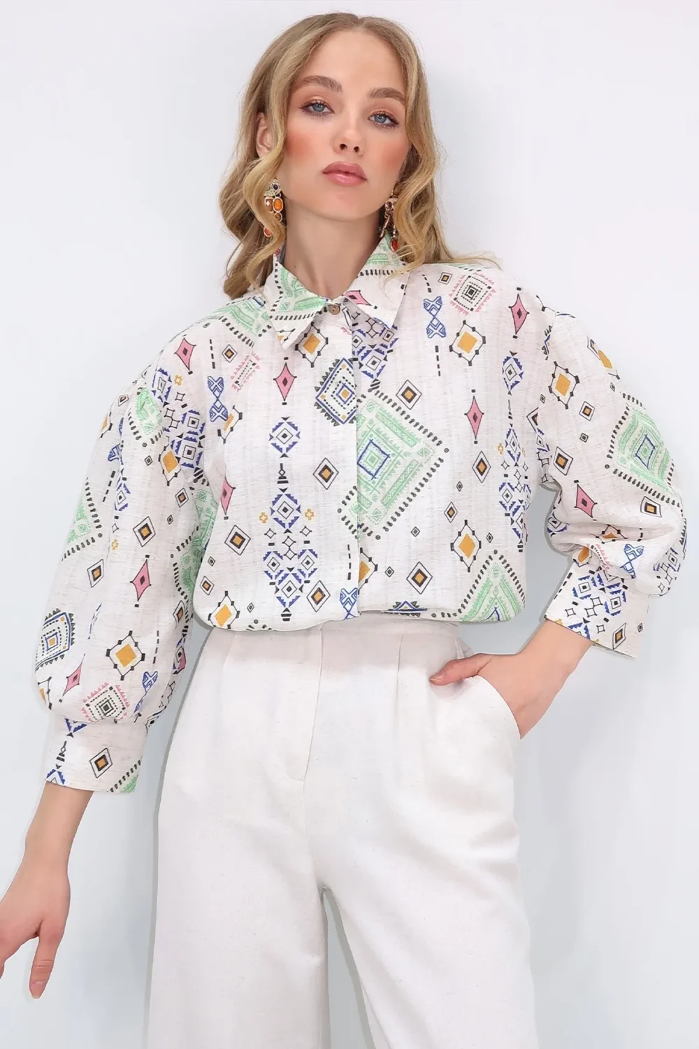 Women's Beige-Green Princess Ethnic Patterned Flamed Shirt - Image 4