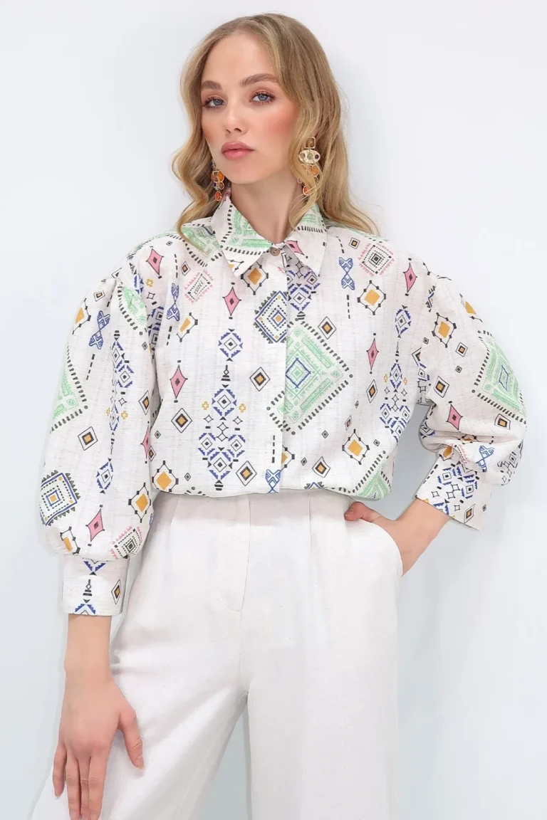 Women's Beige-Green Princess Ethnic Patterned Flamed Shirt