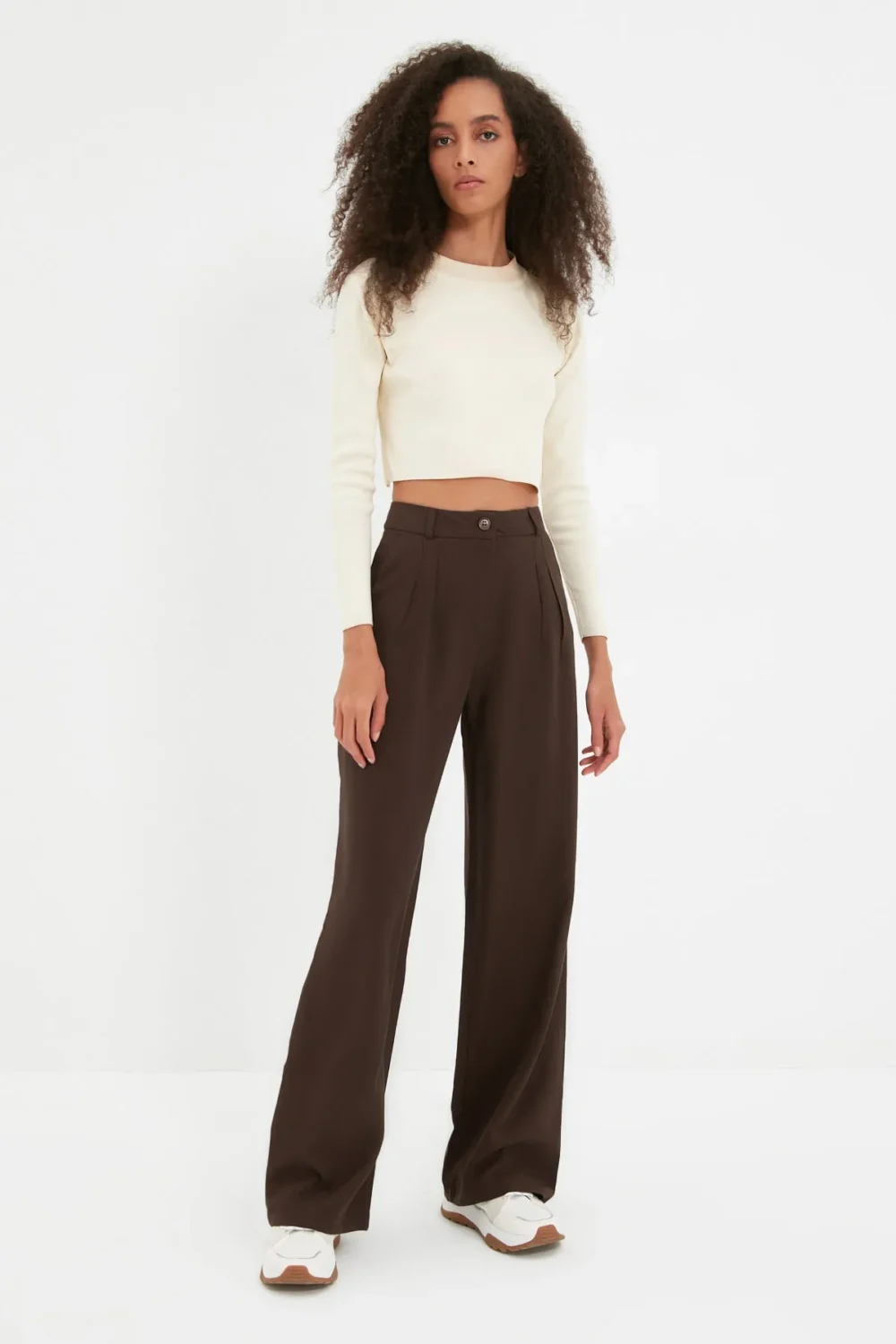 Brown Wide Leg Pleated Woven Fabric Trousers - Image 3