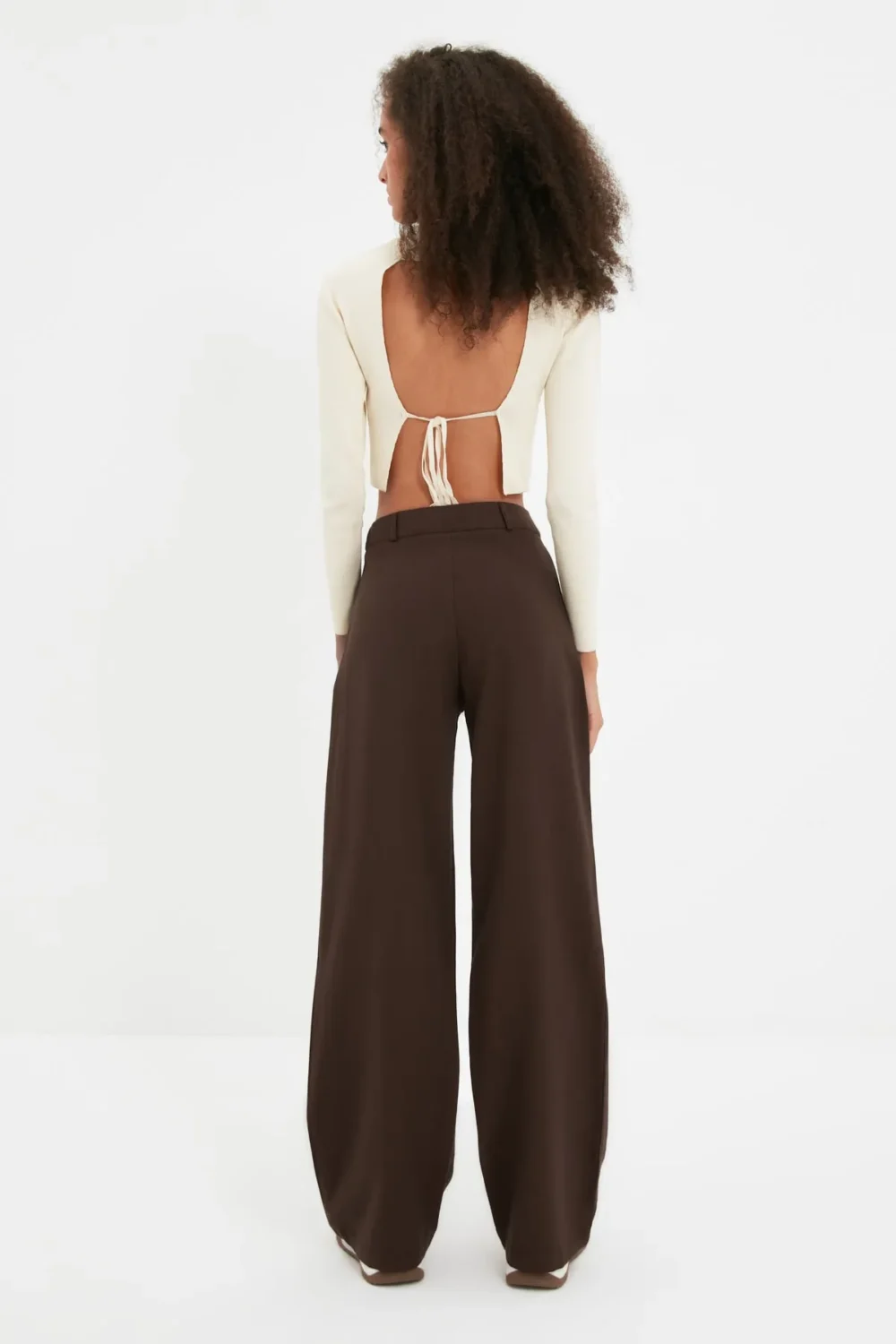 Brown Wide Leg Pleated Woven Fabric Trousers - Image 5