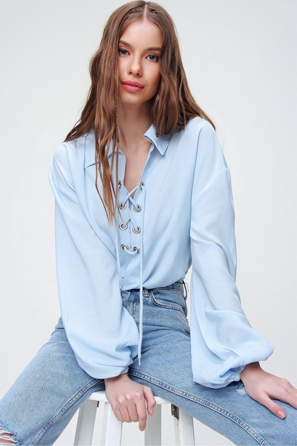 Women's Blue Balloon Sleeve Lace-Up Collar Oversize Blouse - Image 2