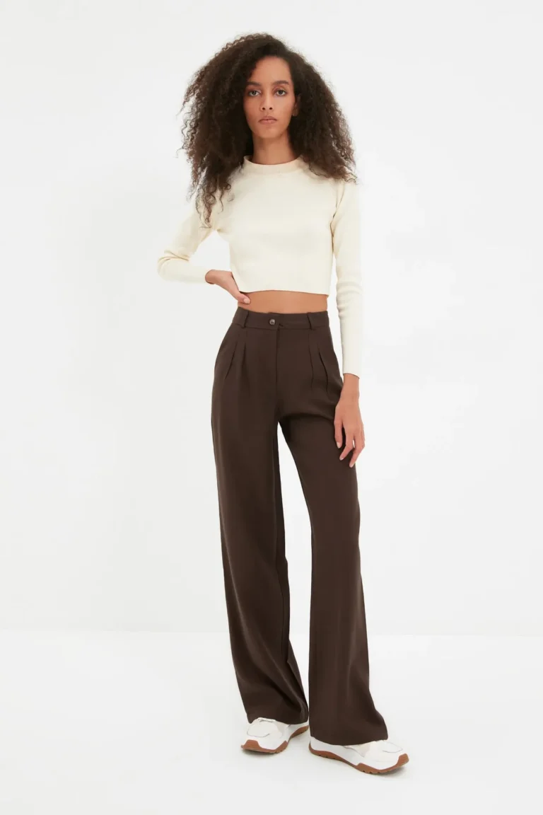 Brown Wide Leg Pleated Woven Fabric Trousers