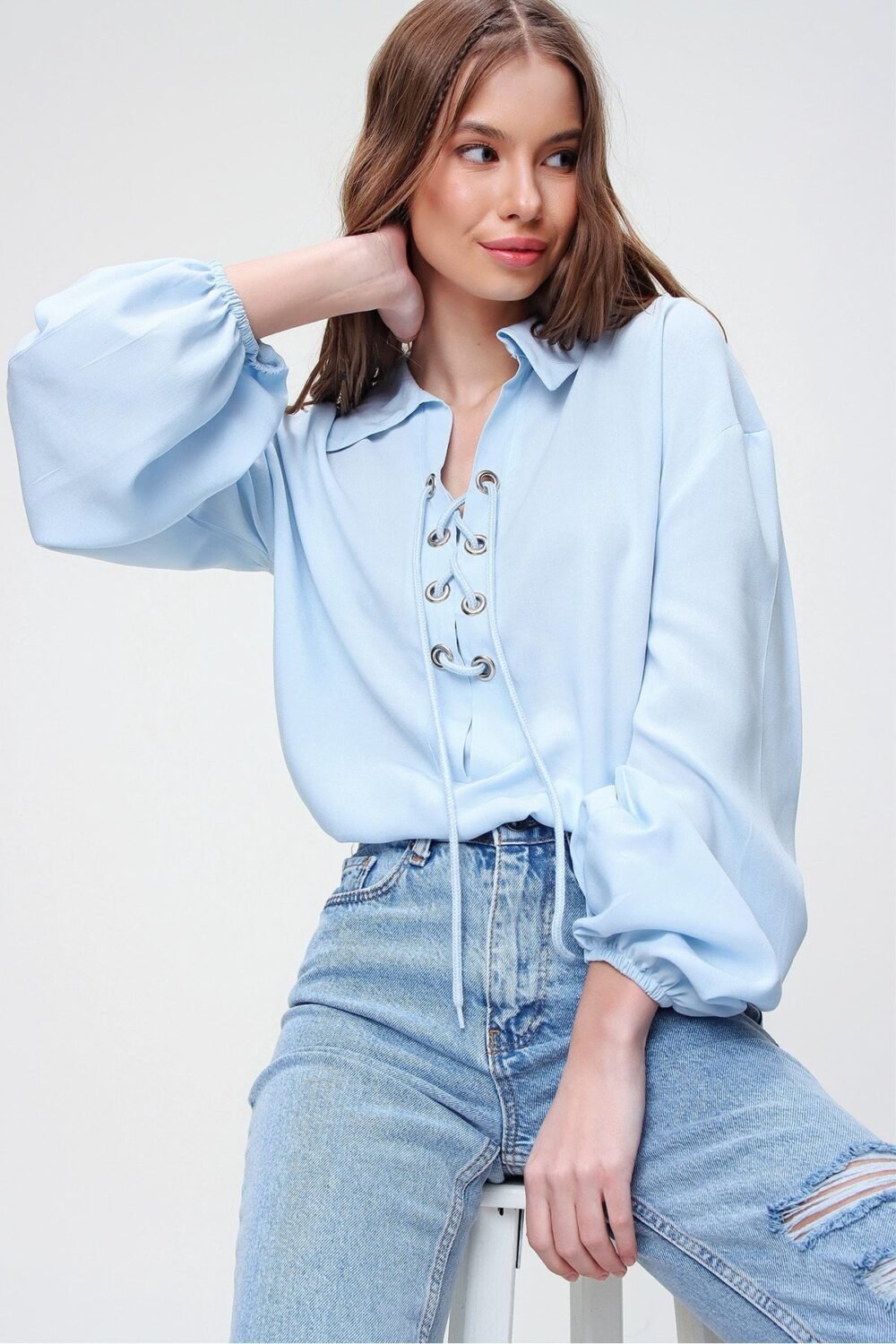 Women's Blue Balloon Sleeve Lace-Up Collar Oversize Blouse - Image 3