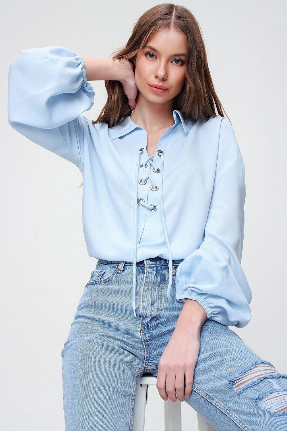 Women's Blue Balloon Sleeve Lace-Up Collar Oversize Blouse - Image 4