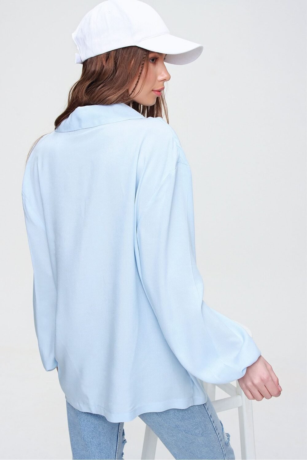 Women's Blue Balloon Sleeve Lace-Up Collar Oversize Blouse - Image 6