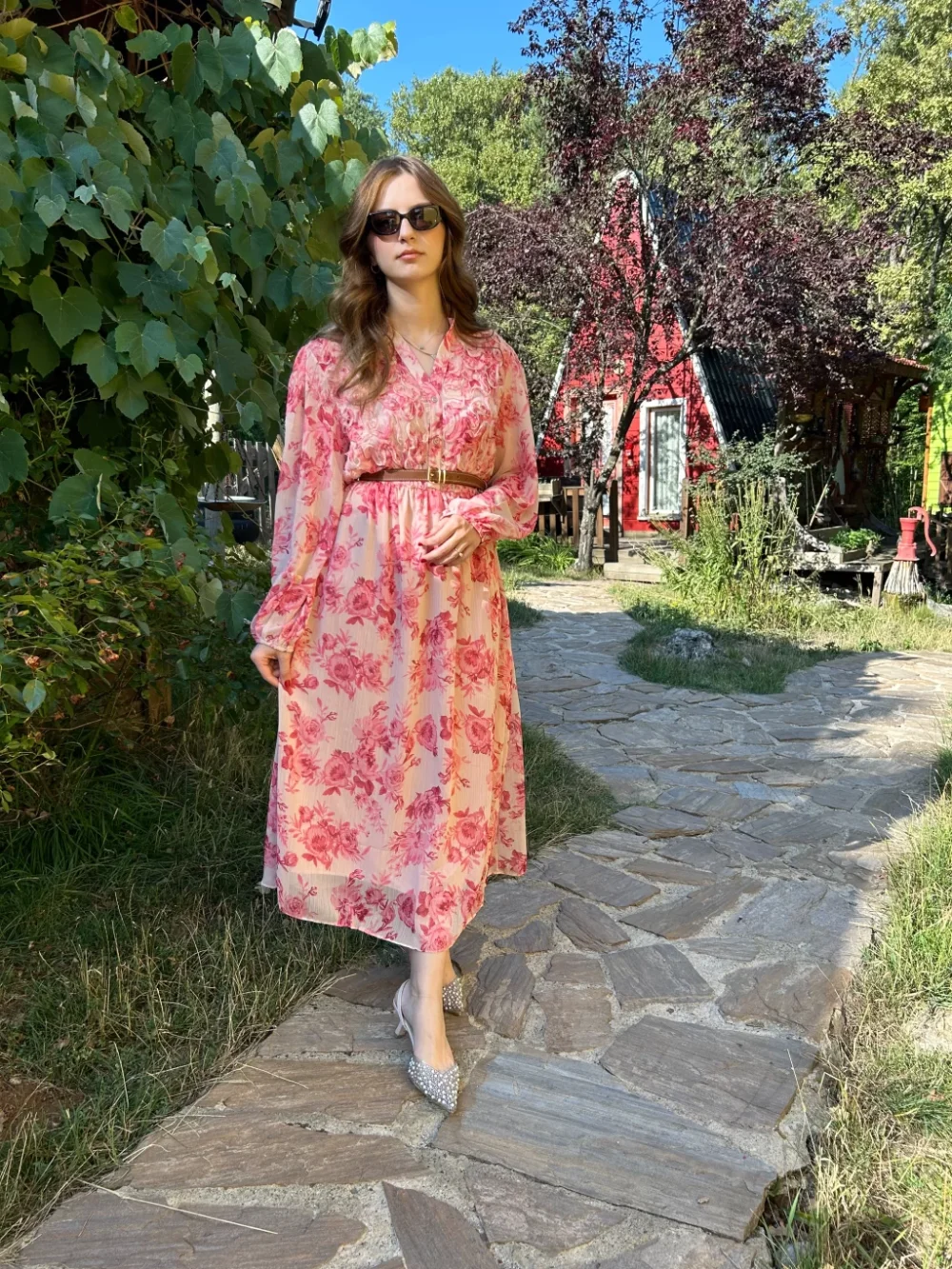 Pink Floral Belted Chiffon Dress - Image 4