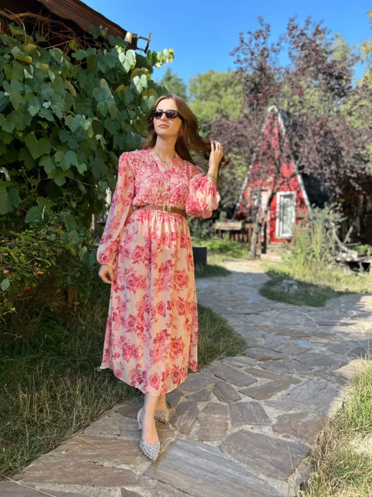Pink Floral Belted Chiffon Dress