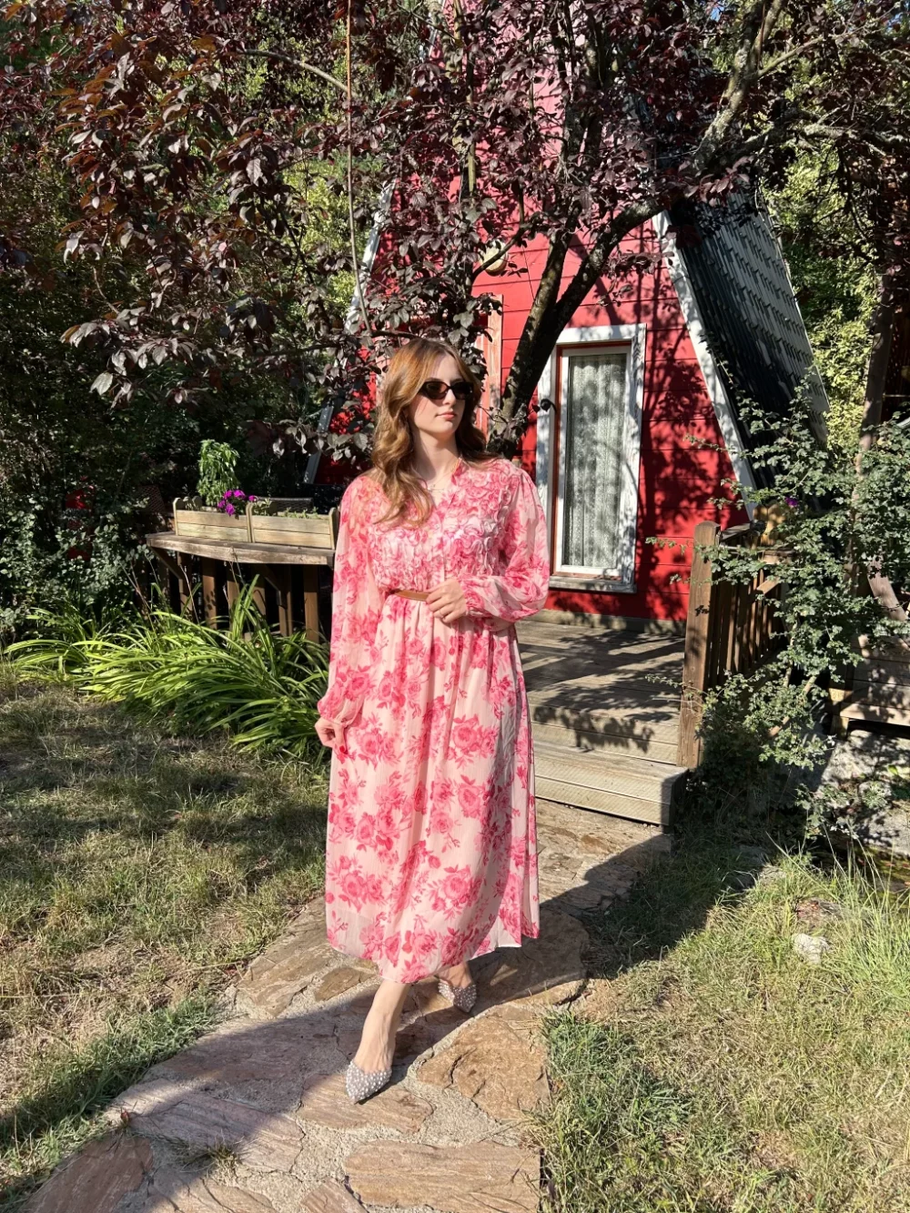 Pink Floral Belted Chiffon Dress - Image 2
