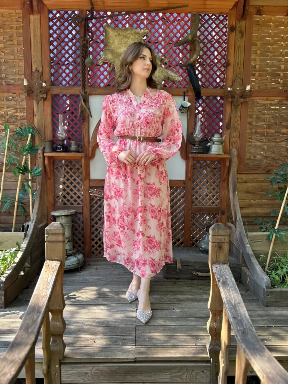 Pink Floral Belted Chiffon Dress - Image 3
