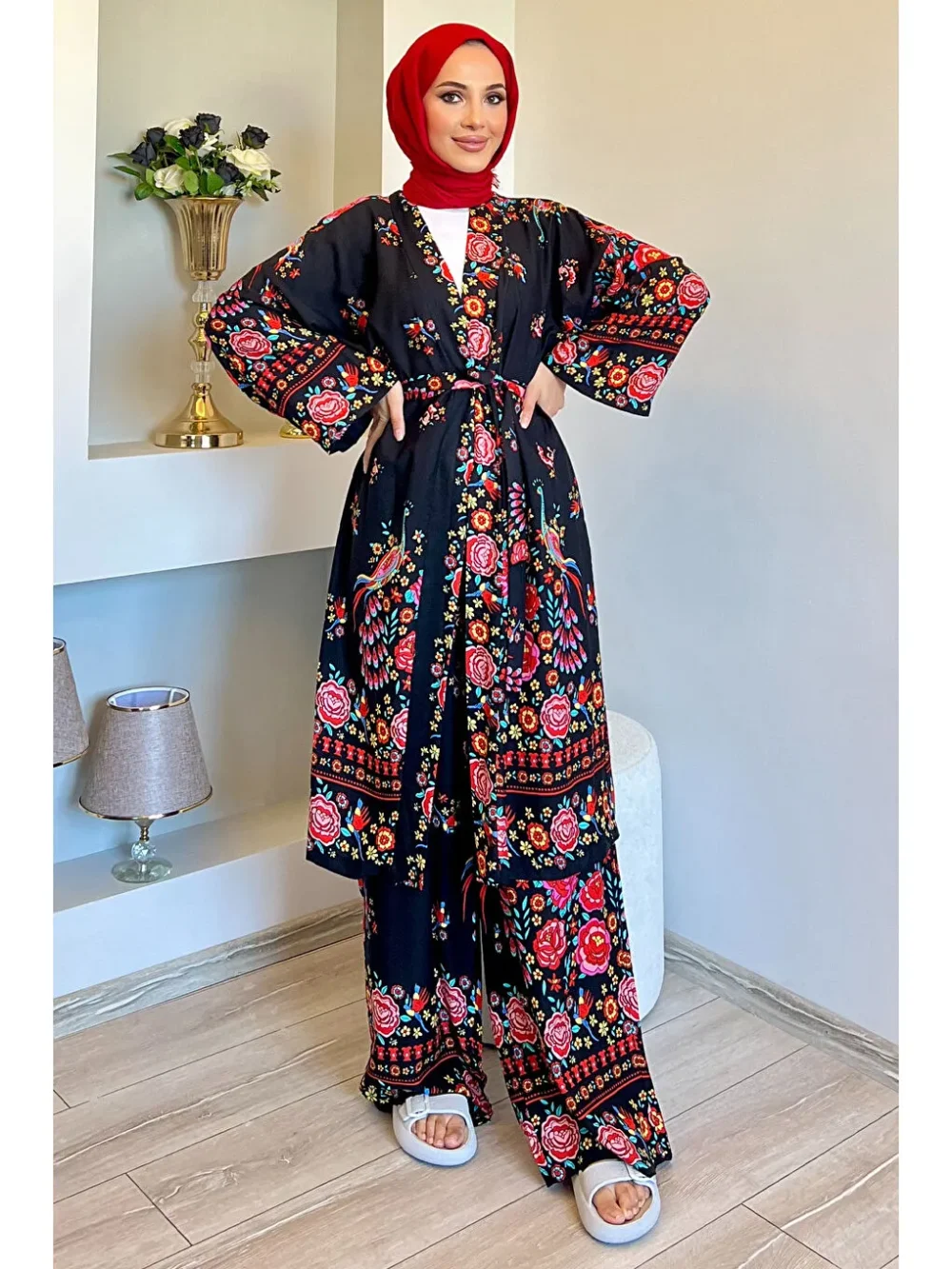 Black Patterned Kimono Two Piece Set - Image 5