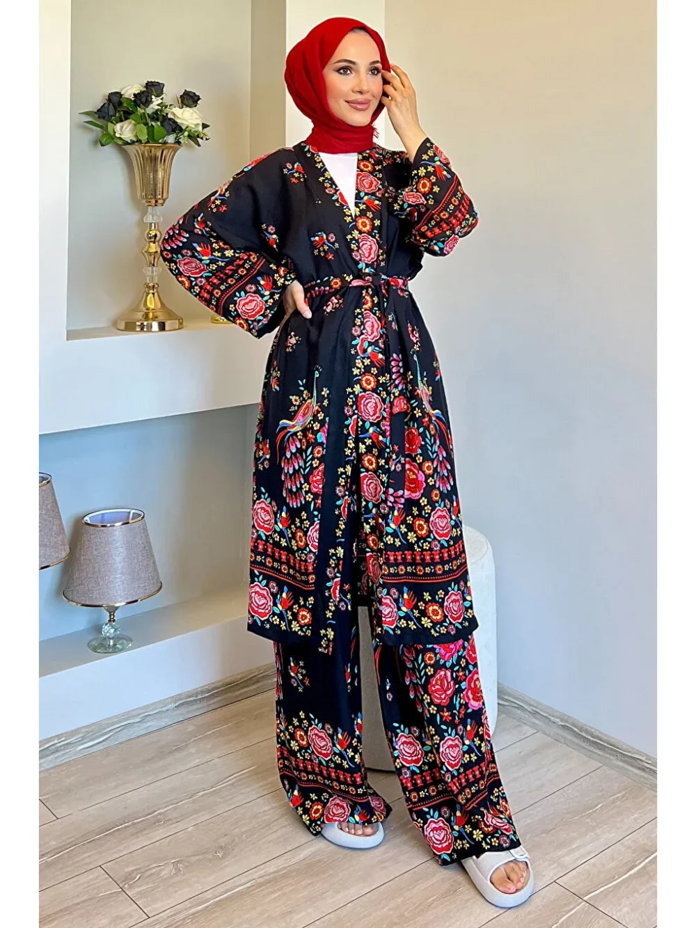 Black Patterned Kimono Two Piece Set - Image 2
