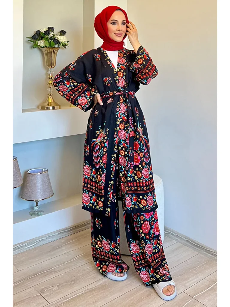 Black Patterned Kimono Two Piece Set
