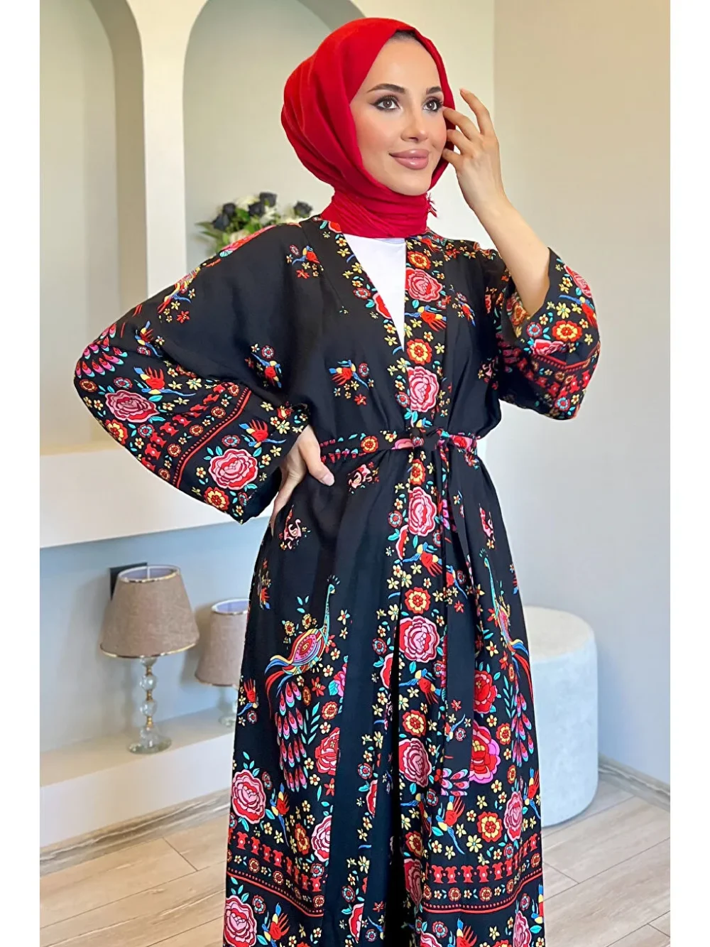 Black Patterned Kimono Two Piece Set - Image 7