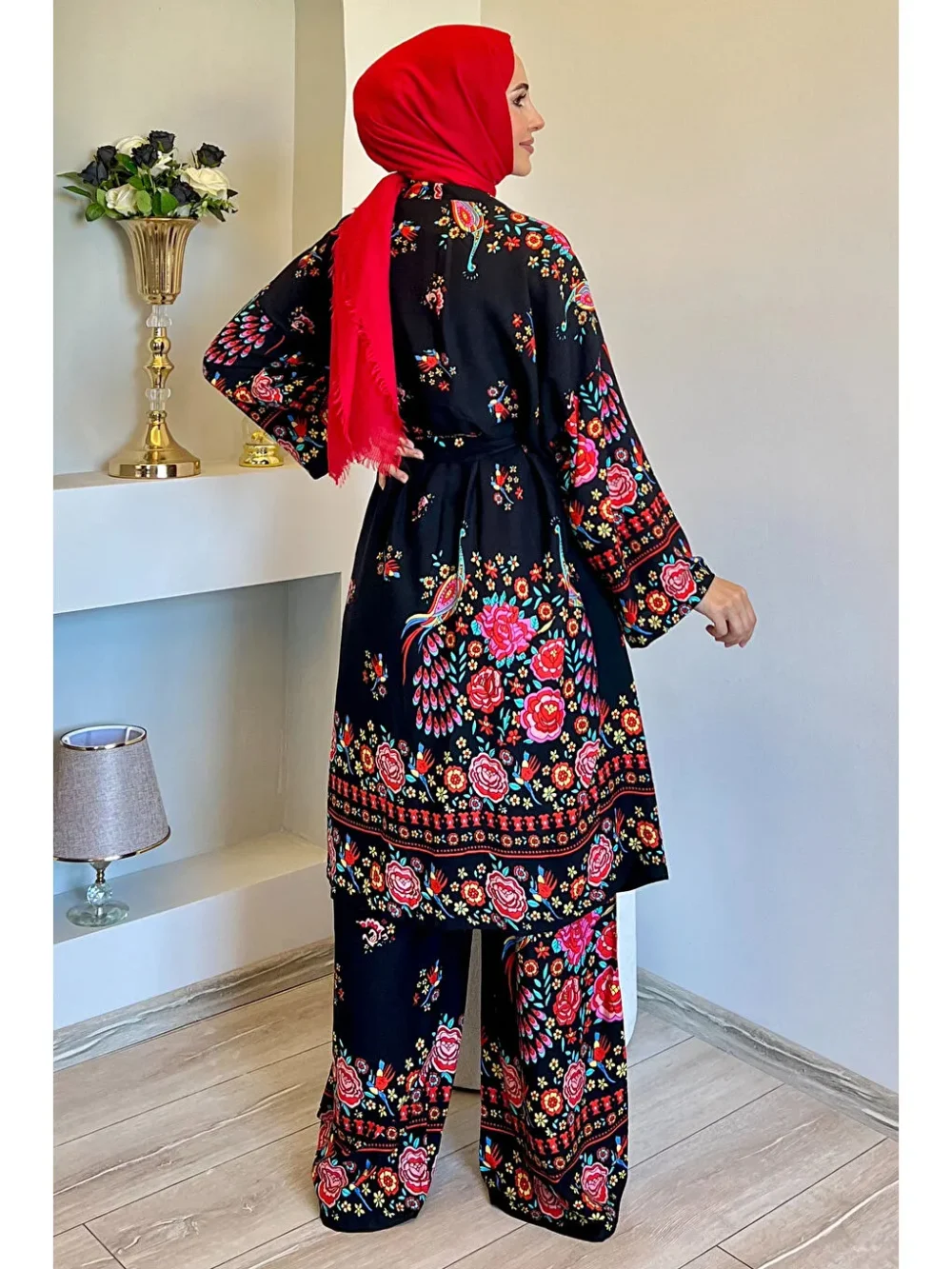 Black Patterned Kimono Two Piece Set - Image 3