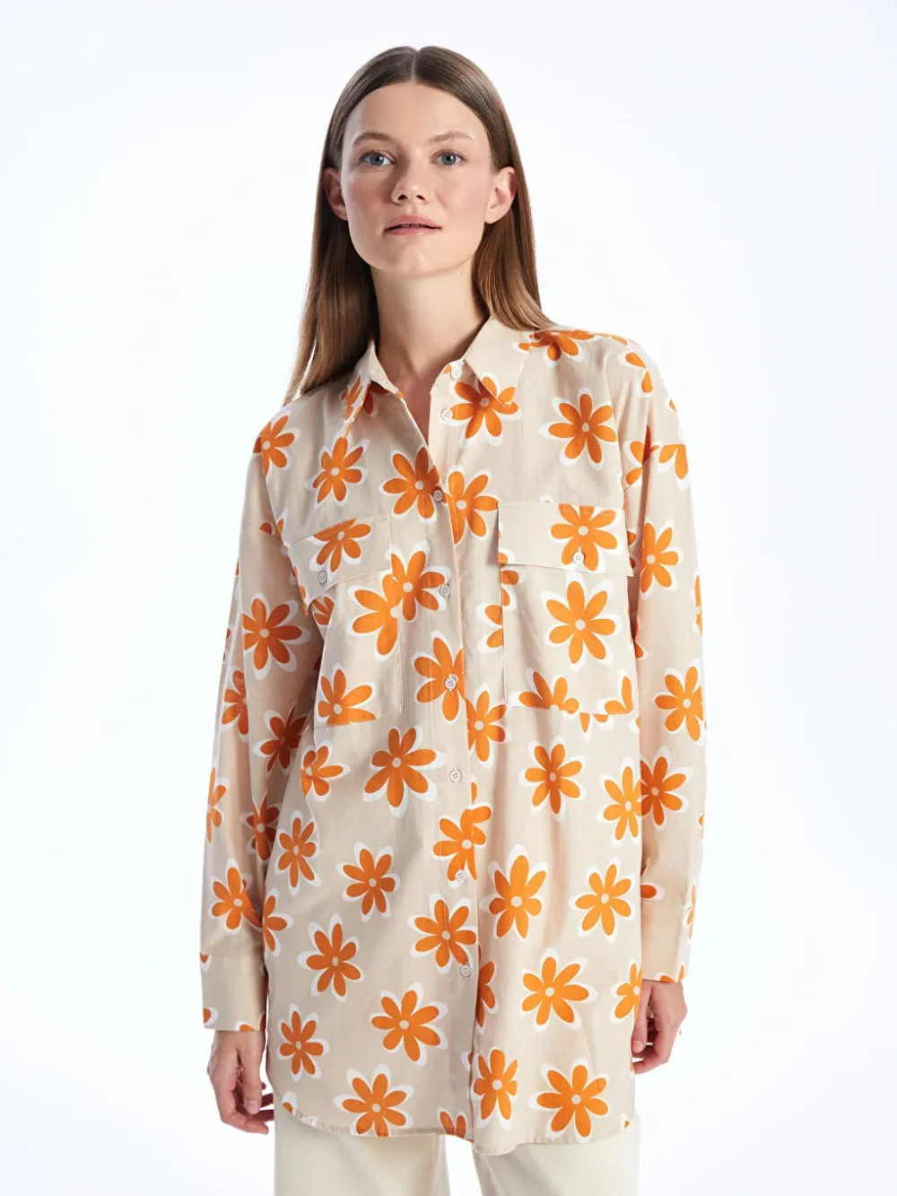Orange Patterned Oversize Women's Shirt Tunic - Image 3