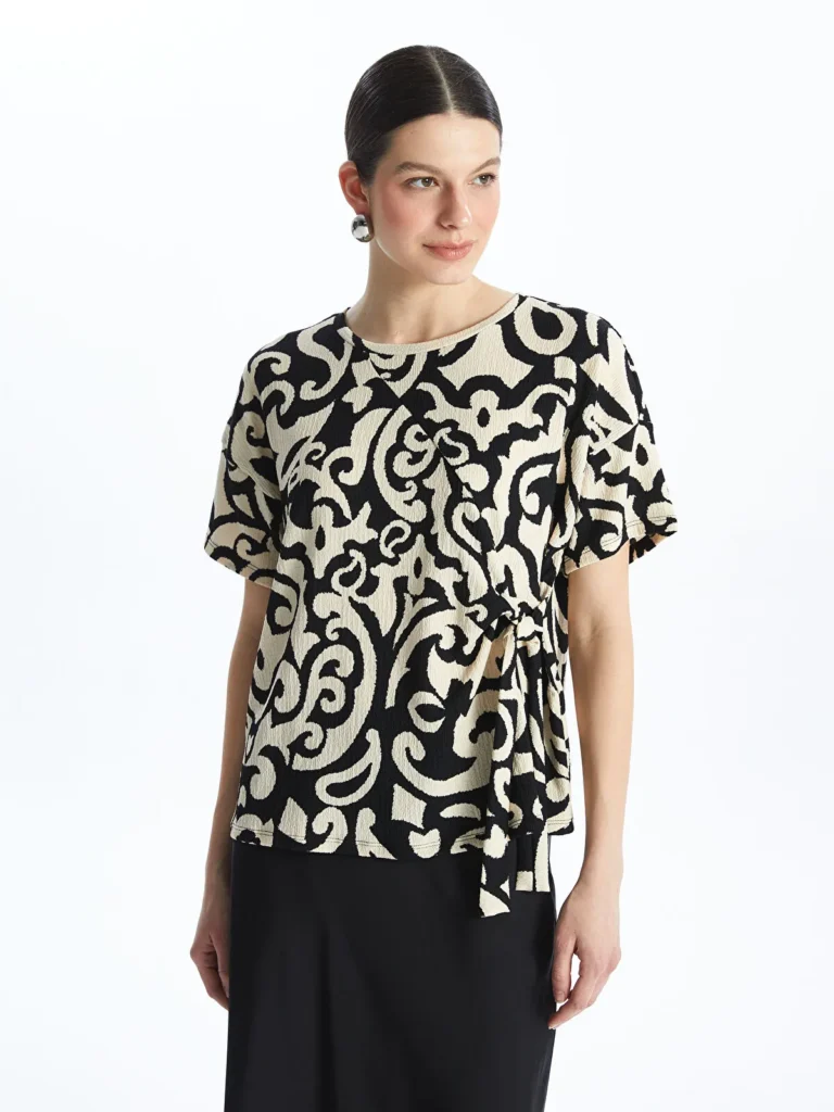 Black Crew Neck Patterned Short Sleeve Oversize Women's Blouse