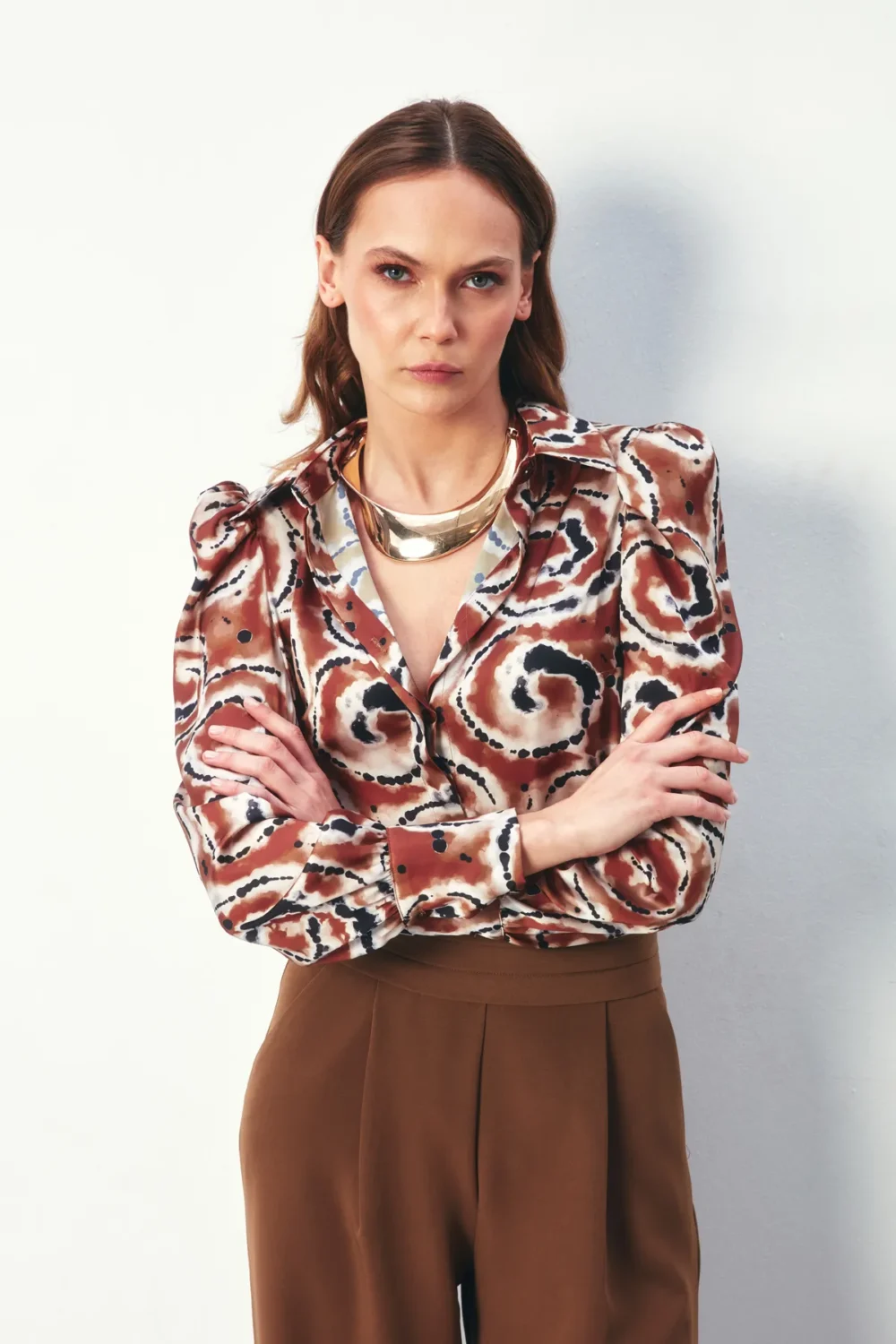 Balloon Sleeve Patterned Shirt - BROWN - Image 2