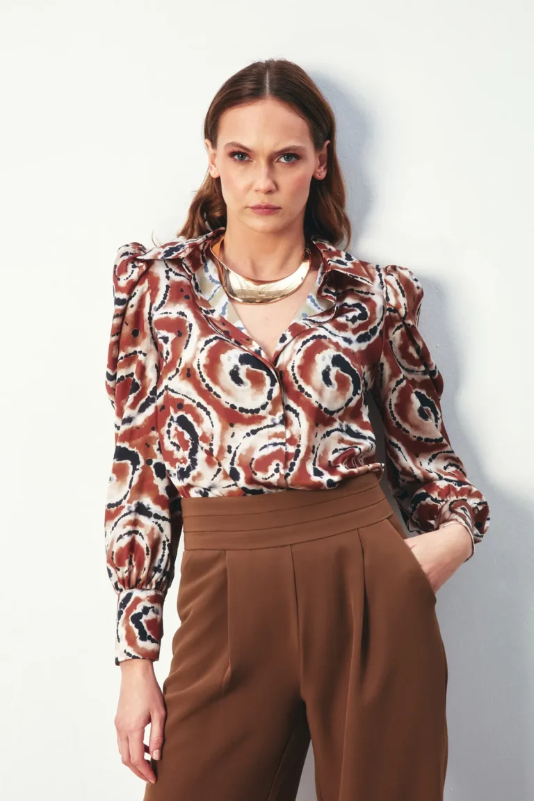 Balloon Sleeve Patterned Shirt - BROWN