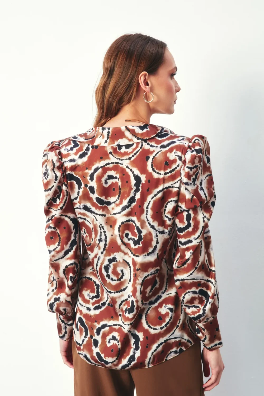 Balloon Sleeve Patterned Shirt - BROWN - Image 3