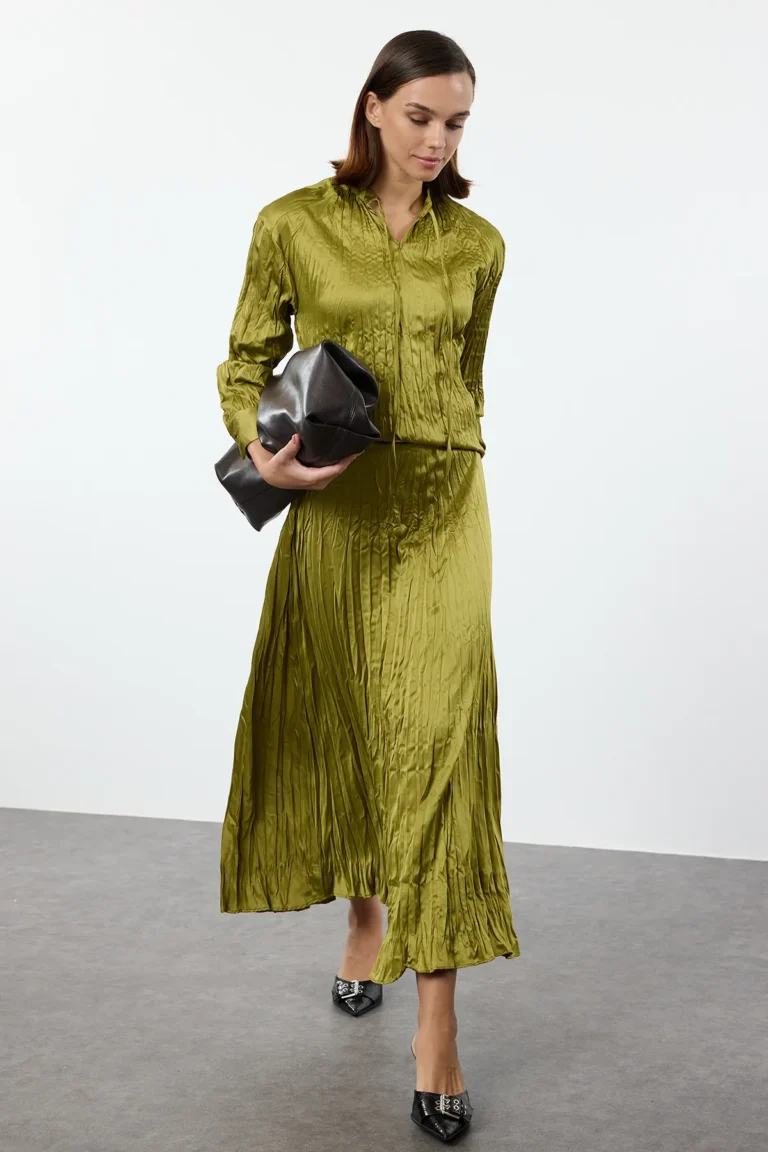 Oil Green Satin Pleated Woven Bottom-Top Set