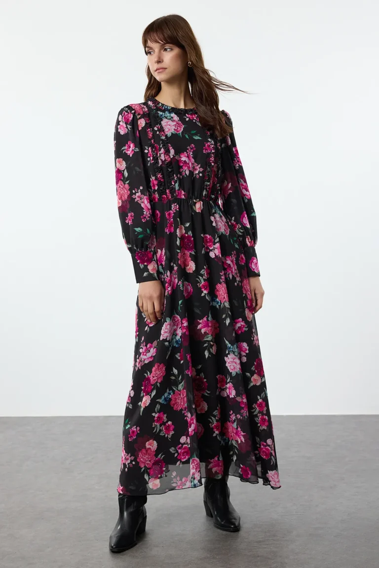 Black Floral Patterned Ruffle  Dress