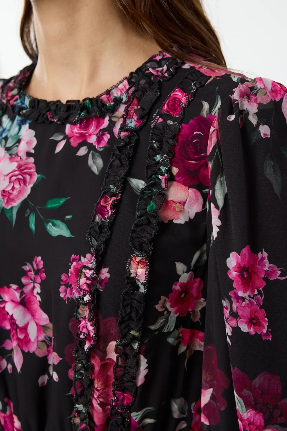 Black Floral Patterned Ruffle  Dress - Image 5