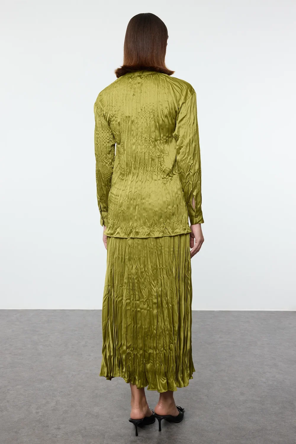 Oil Green Satin Pleated Woven Bottom-Top Set - Image 3