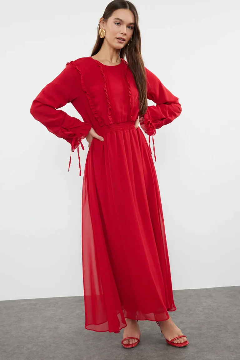 Red Sleeve Ruffle Chiffon Dress