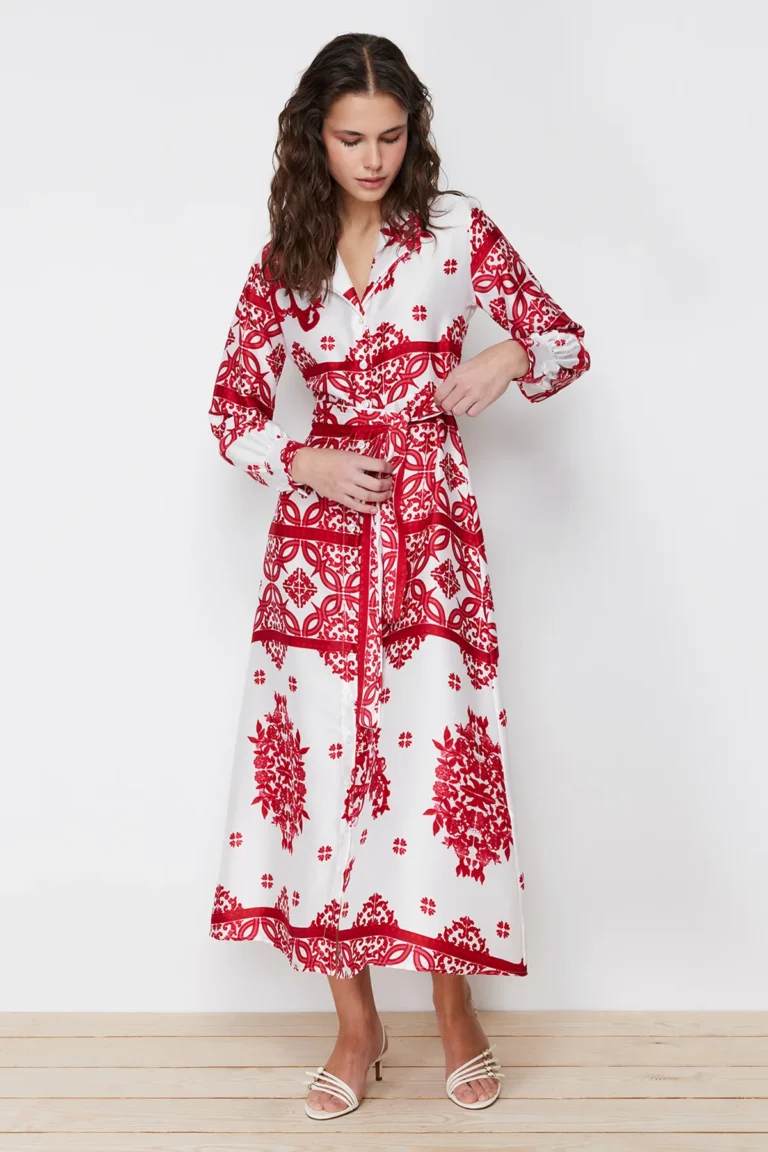 Fuchsia Woven Satin Patterned Shirt Evening Dress