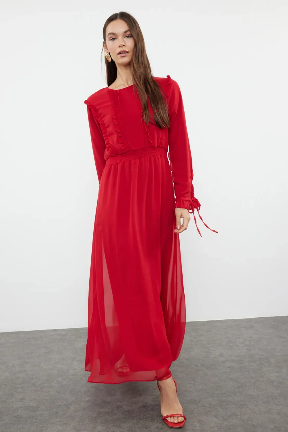 Red Sleeve Ruffle Chiffon Dress - Image 2