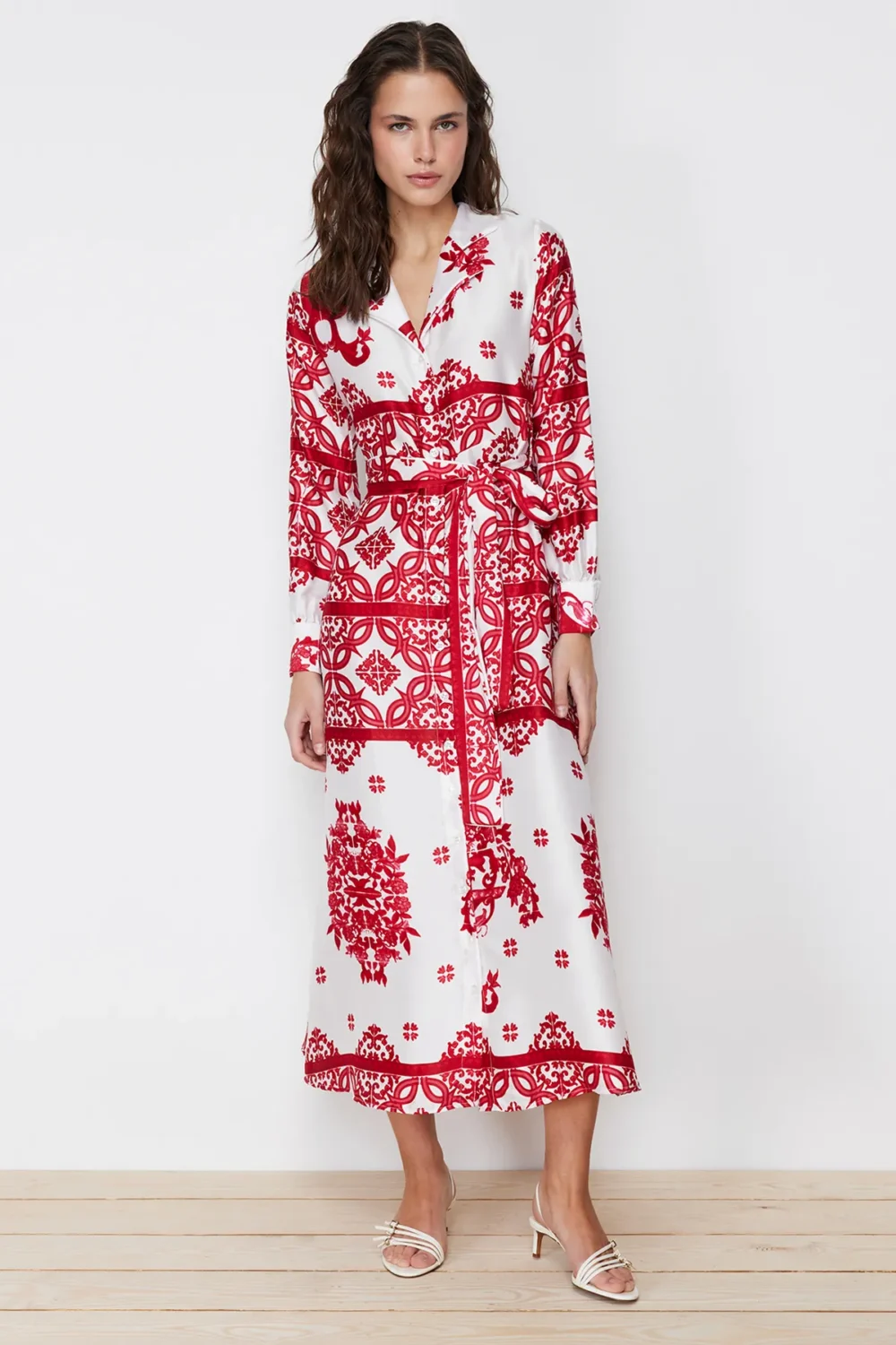 Fuchsia Woven Satin Patterned Shirt Evening Dress - Image 4
