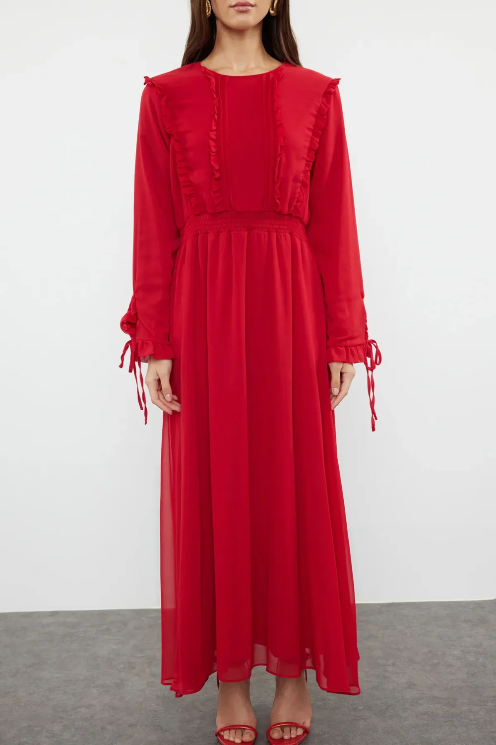 Red Sleeve Ruffle Chiffon Dress - Image 3