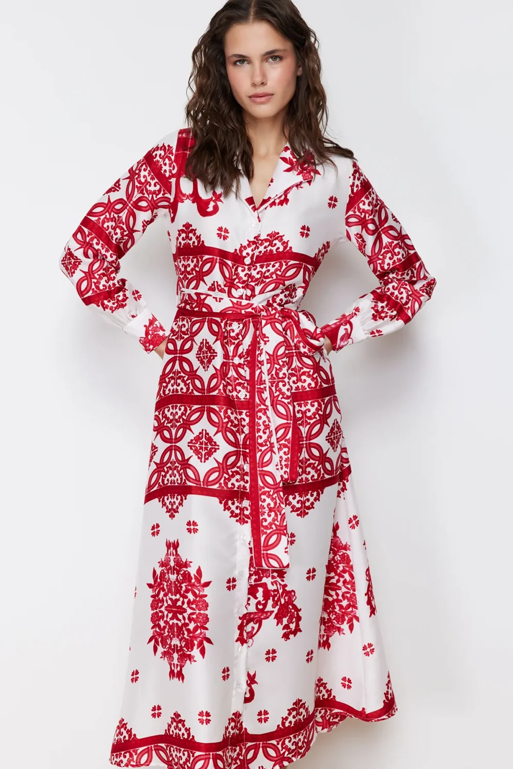 Fuchsia Woven Satin Patterned Shirt Evening Dress - Image 5