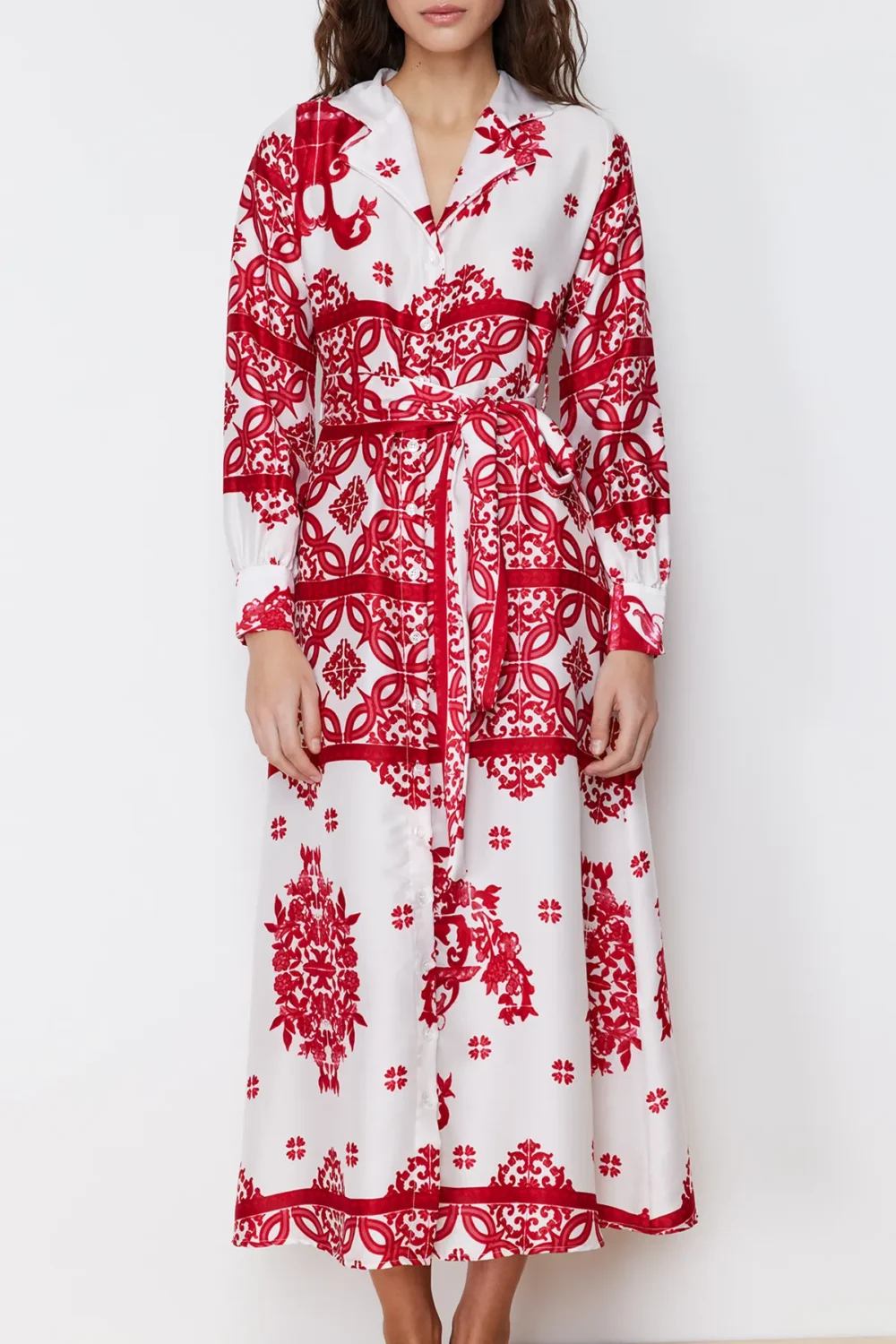 Fuchsia Woven Satin Patterned Shirt Evening Dress - Image 6