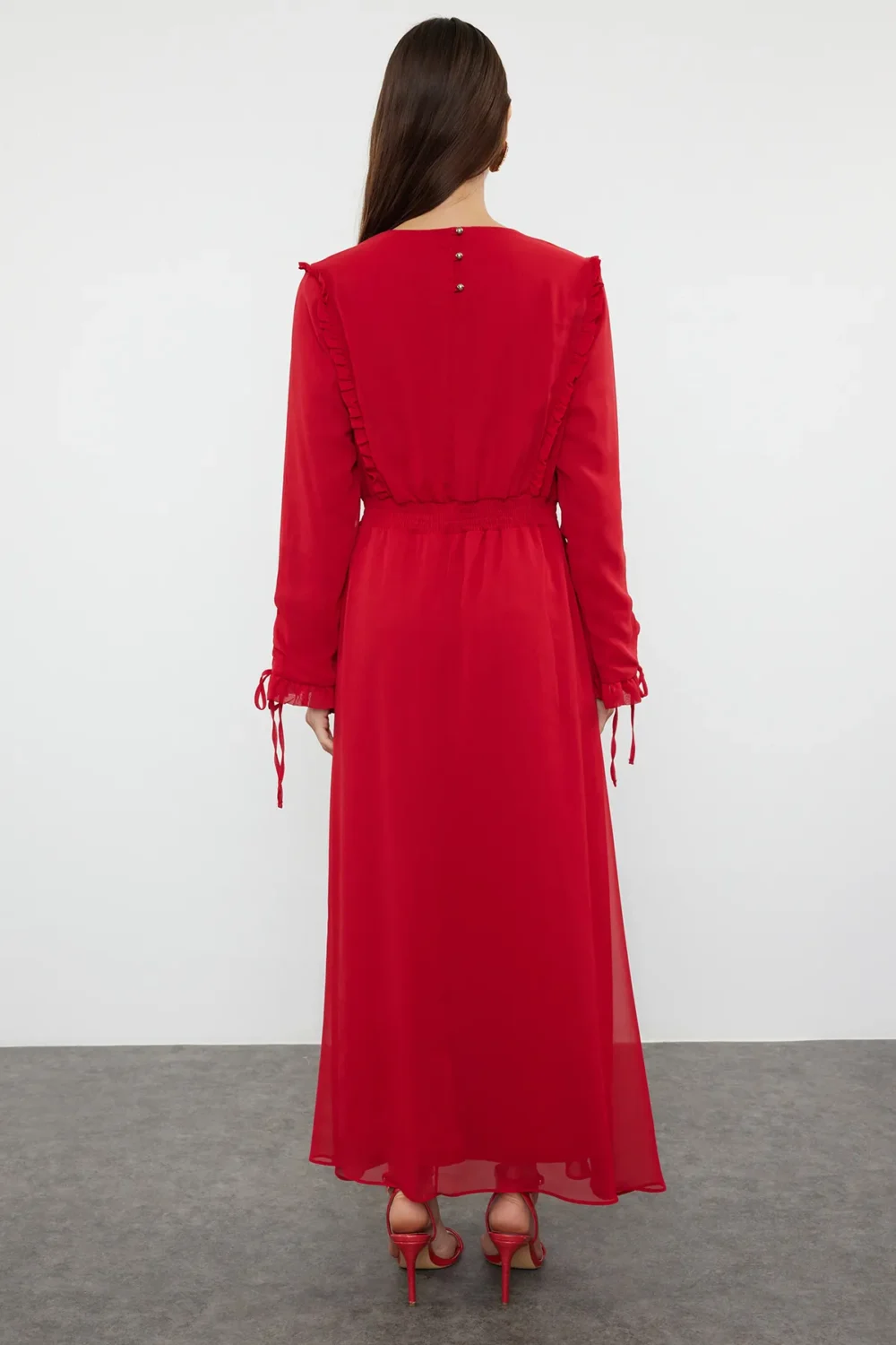 Red Sleeve Ruffle Chiffon Dress - Image 5