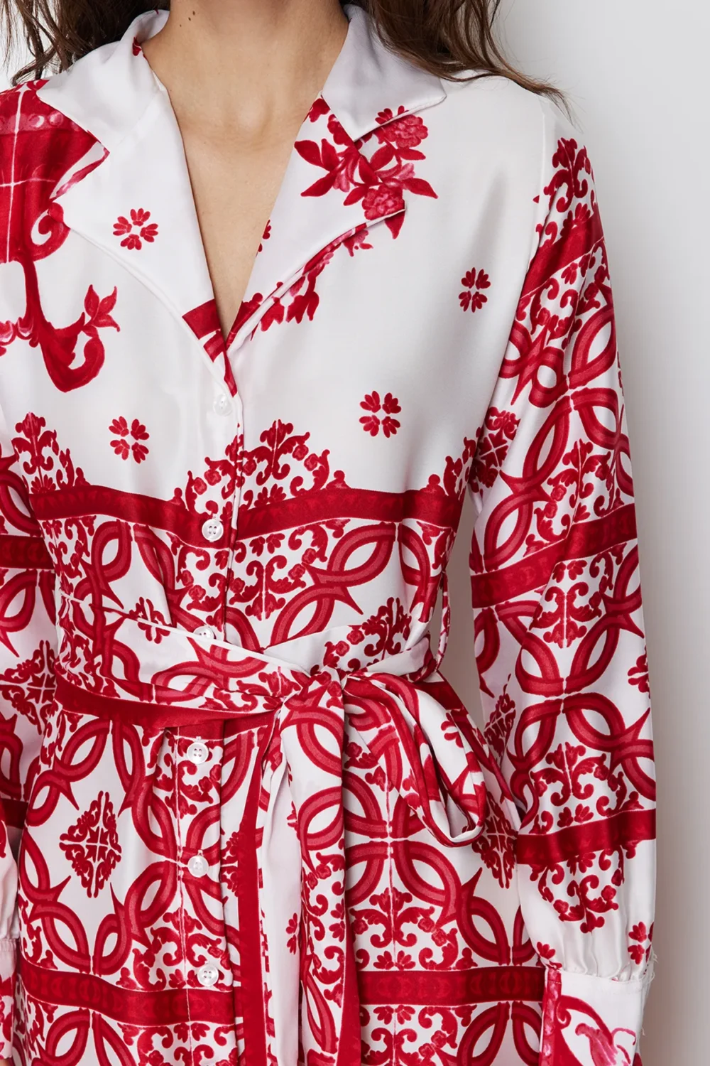 Fuchsia Woven Satin Patterned Shirt Evening Dress - Image 7