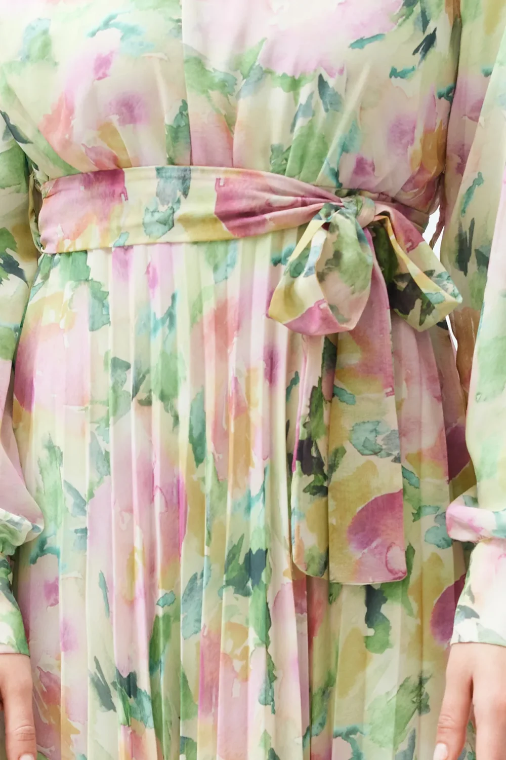 Light Green Floral Belt Detailed Lined Pleated Chiffon Dress - Image 5