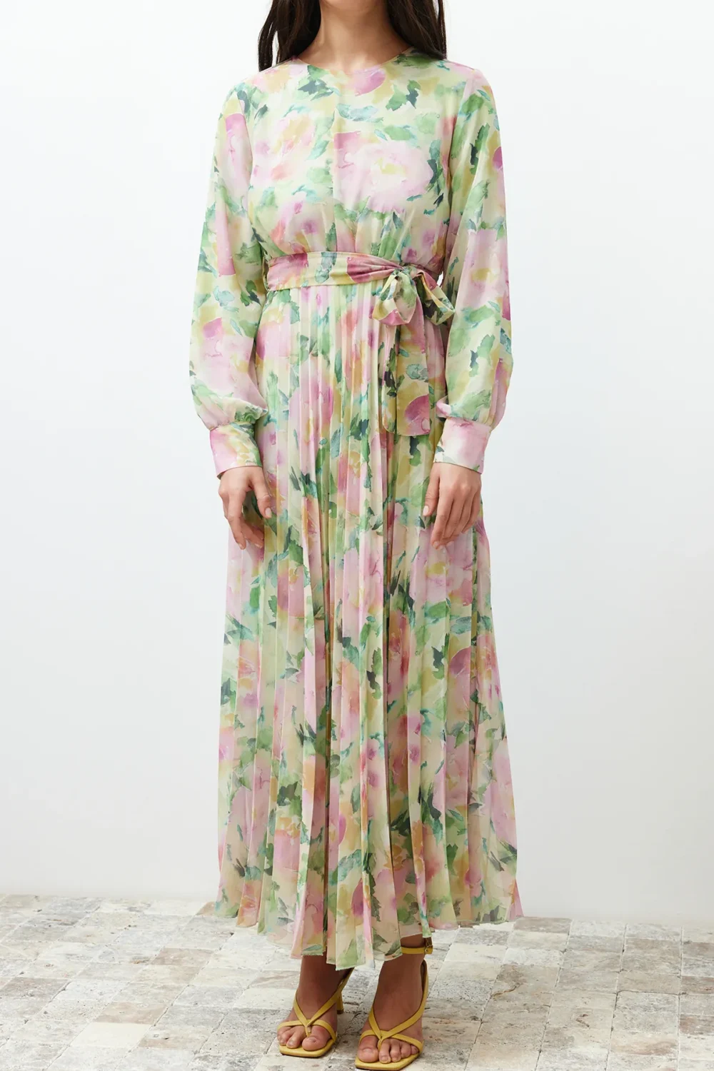 Light Green Floral Belt Detailed Lined Pleated Chiffon Dress - Image 6