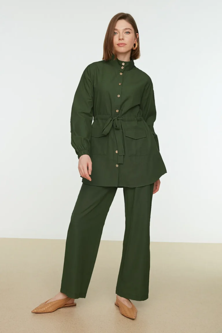 Khaki Stand Collar Belted Shirt-Pants Suit